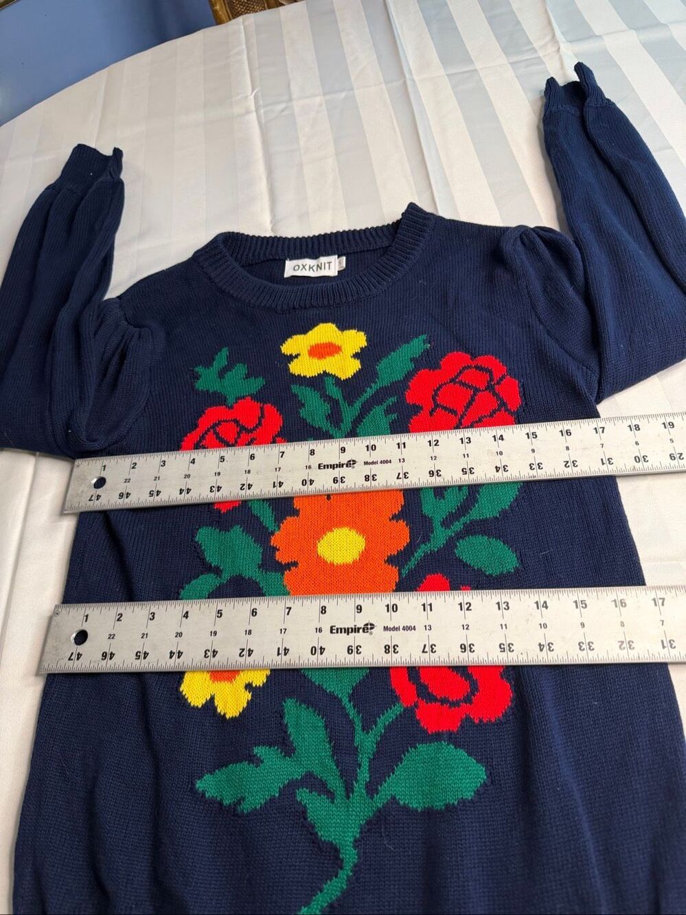 OXKNIT Navy Blue Floral Rose Retro Puff Sleeve Sweater Size Small - Picture 9 of 11